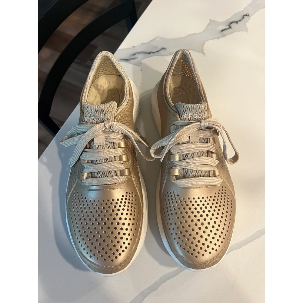 Crocs LiteRide Pacer Gold Metallic Sneakers Women 10 Comfort Lace Up Lightweight - Picture 2 of 9